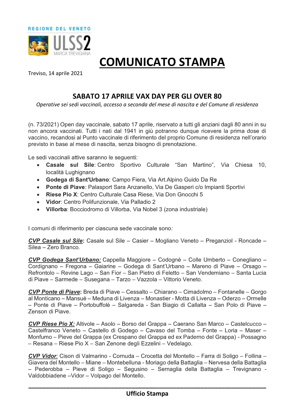 COMUNICATO STAMPA Treviso, 14 Aprile 2021