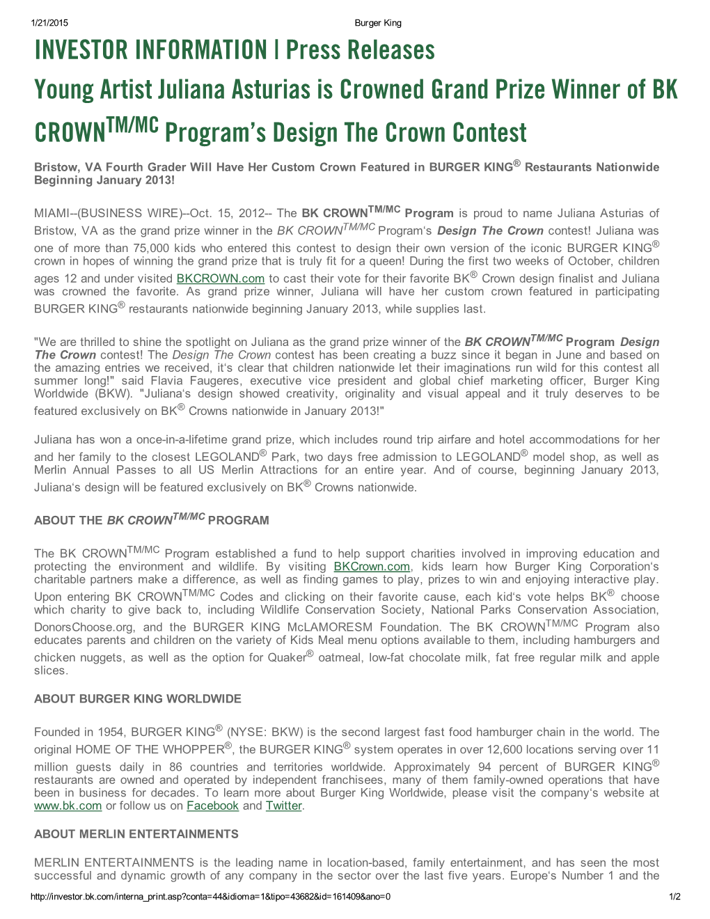 Press Releases Young Artist Juliana Asturias Is Crowned Grand Prize Winner of BK CROWNTM/MC Program’S Design the Crown Contest