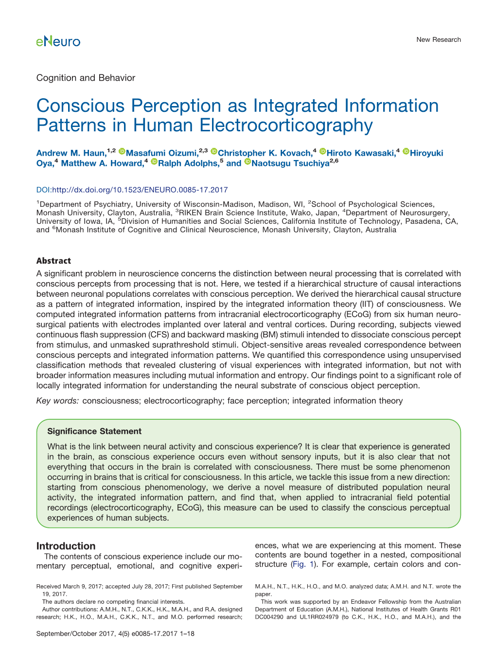 Conscious Perception As Integrated Information Patterns in Human Electrocorticography