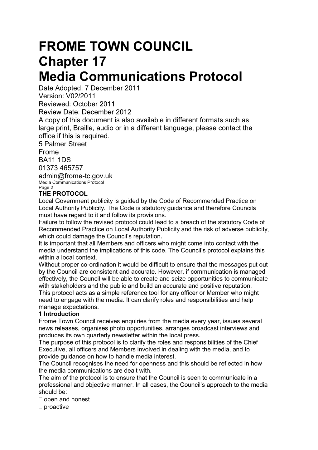 FROME TOWN COUNCIL Chapter 17 Media Communications Protocol