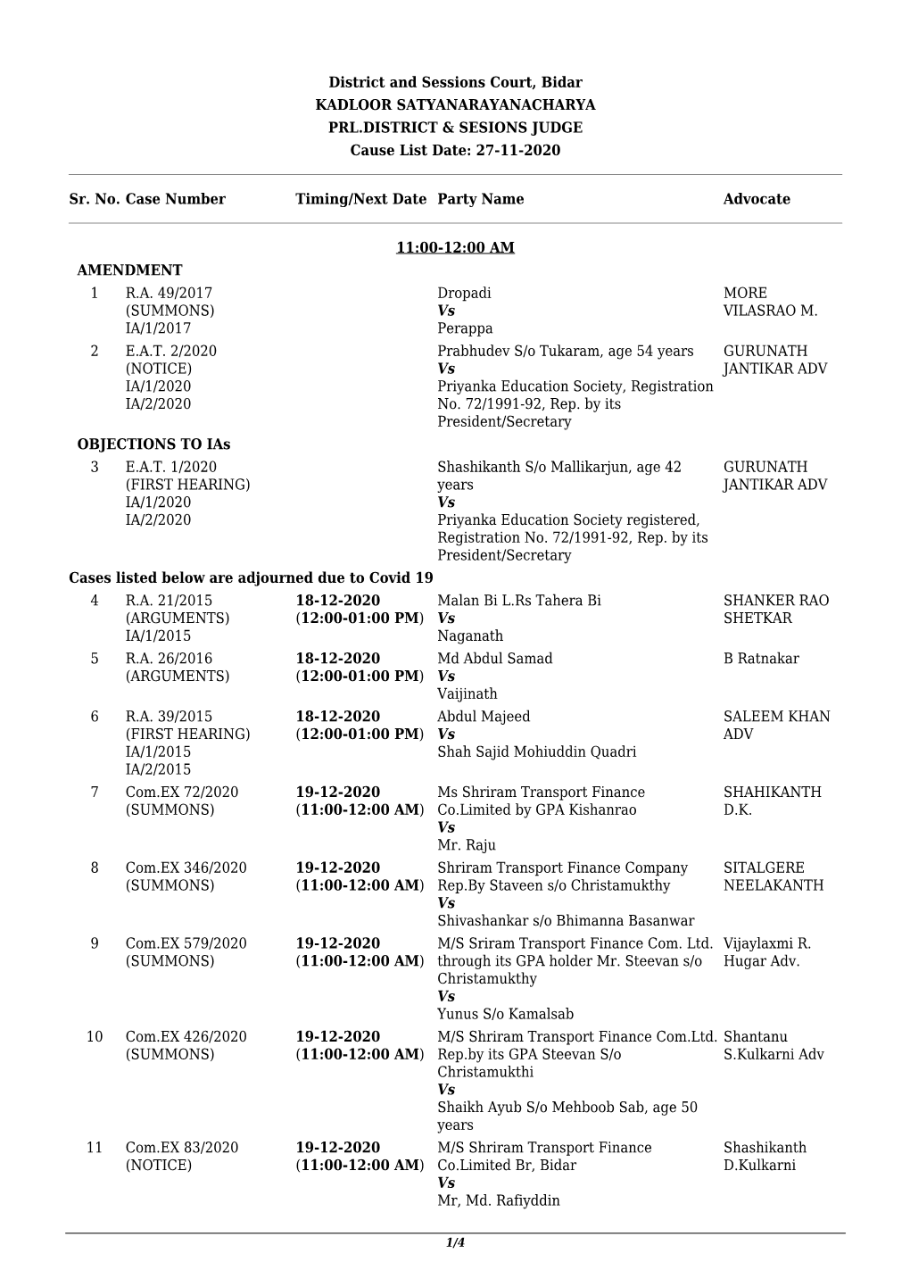 District and Sessions Court, Bidar KADLOOR SATYANARAYANACHARYA PRL.DISTRICT & SESIONS JUDGE Cause List Date: 27-11-2020