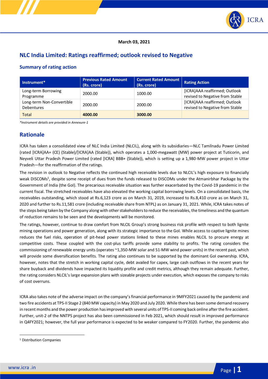 NLC India Limited: Ratings Reaffirmed; Outlook Revised to Negative