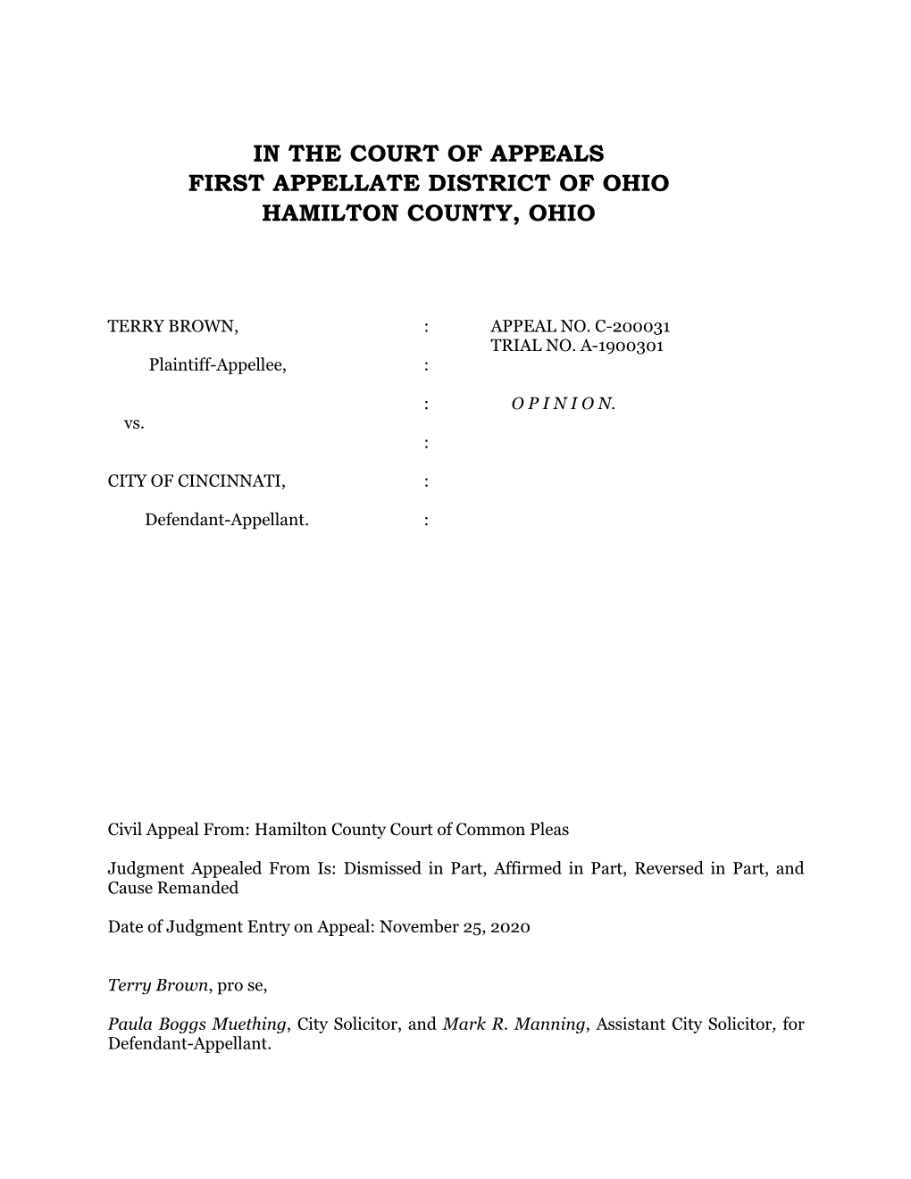 In the Court of Appeals First Appellate District of Ohio Hamilton County, Ohio