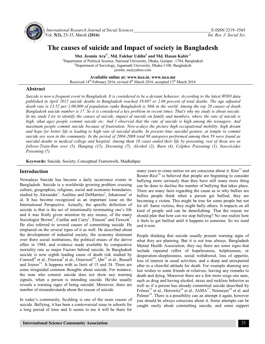 The Causes of Suicide and Impact of Society in Bangladesh Mst
