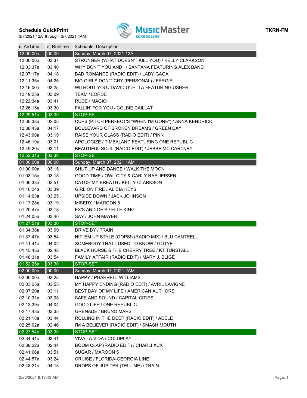 Schedule Quickprint TKRN-FM