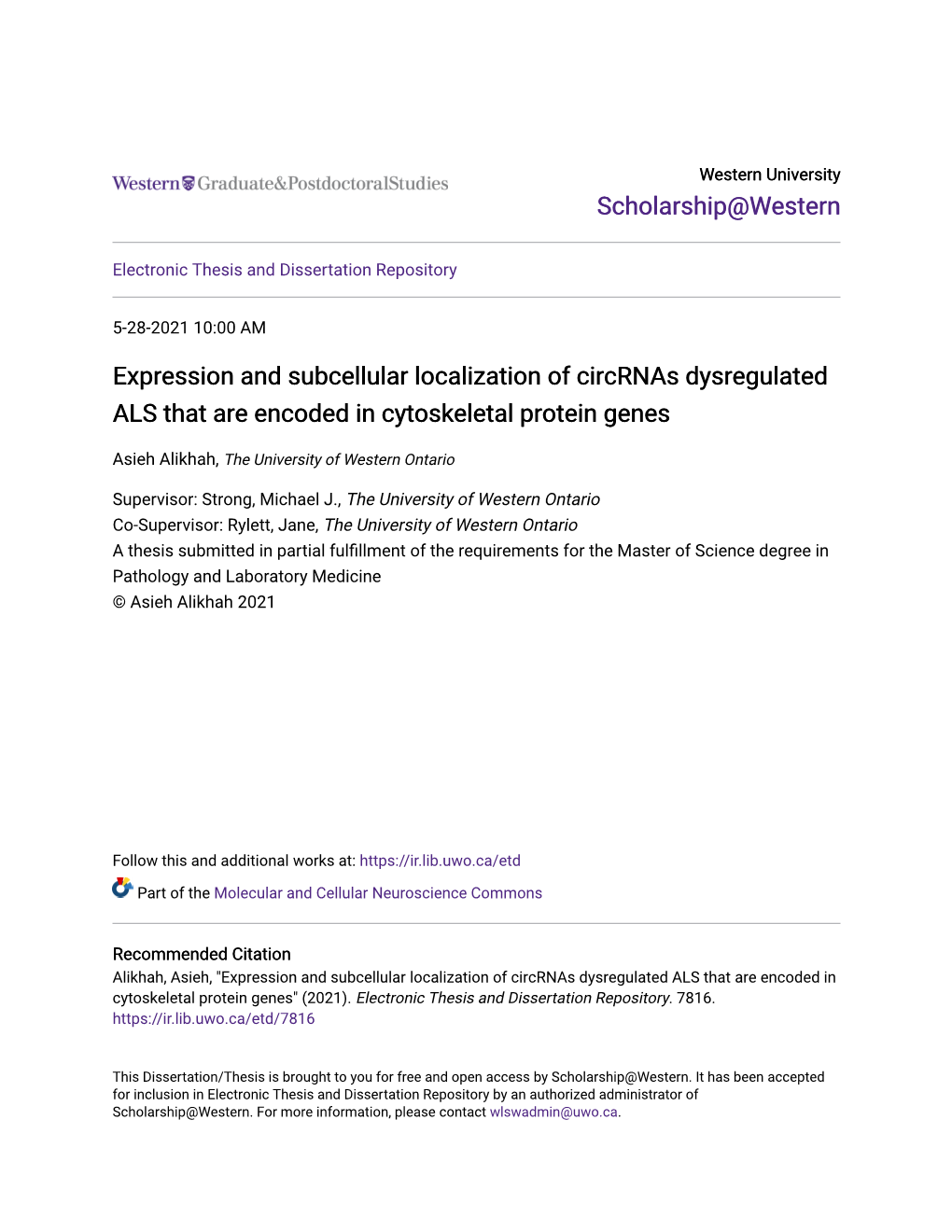 Expression and Subcellular Localization of Circrnas Dysregulated ALS That Are Encoded in Cytoskeletal Protein Genes