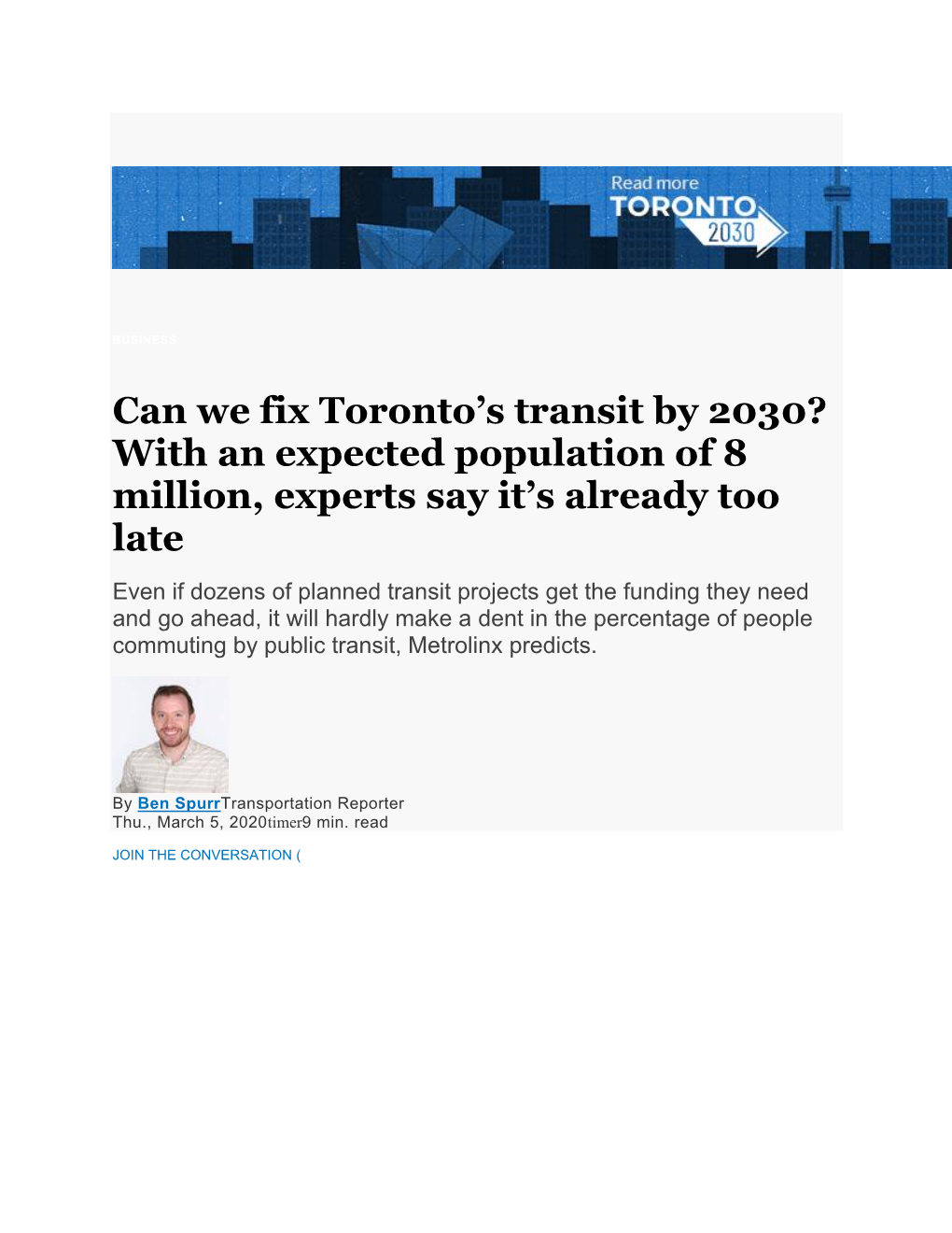 Can We Fix Toronto's Transit by 2030? with an Expected Population of 8