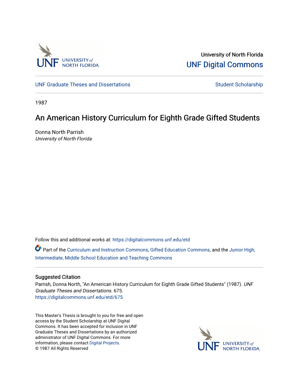 An American History Curriculum for Eighth Grade Gifted Students