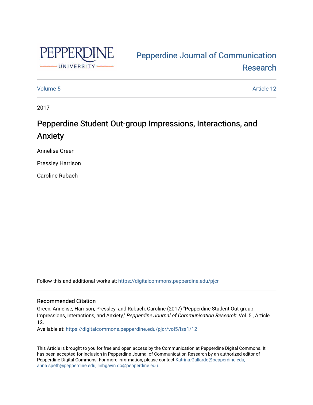 Pepperdine Student Out-Group Impressions, Interactions, and Anxiety