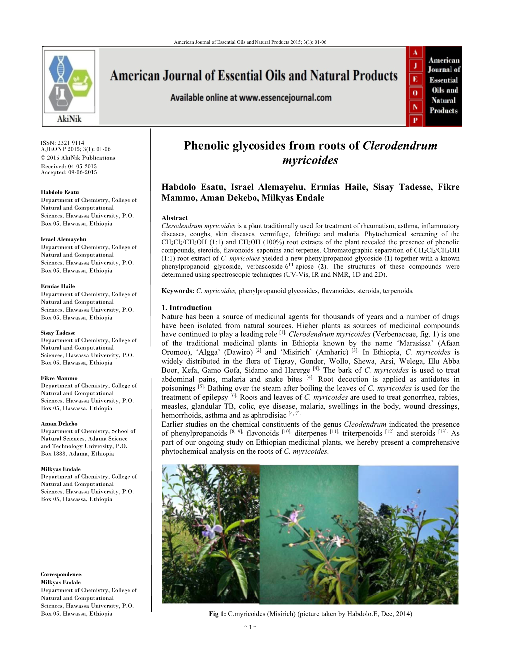 Phenolic Glycosides from Roots of Clerodendrum Myricoides