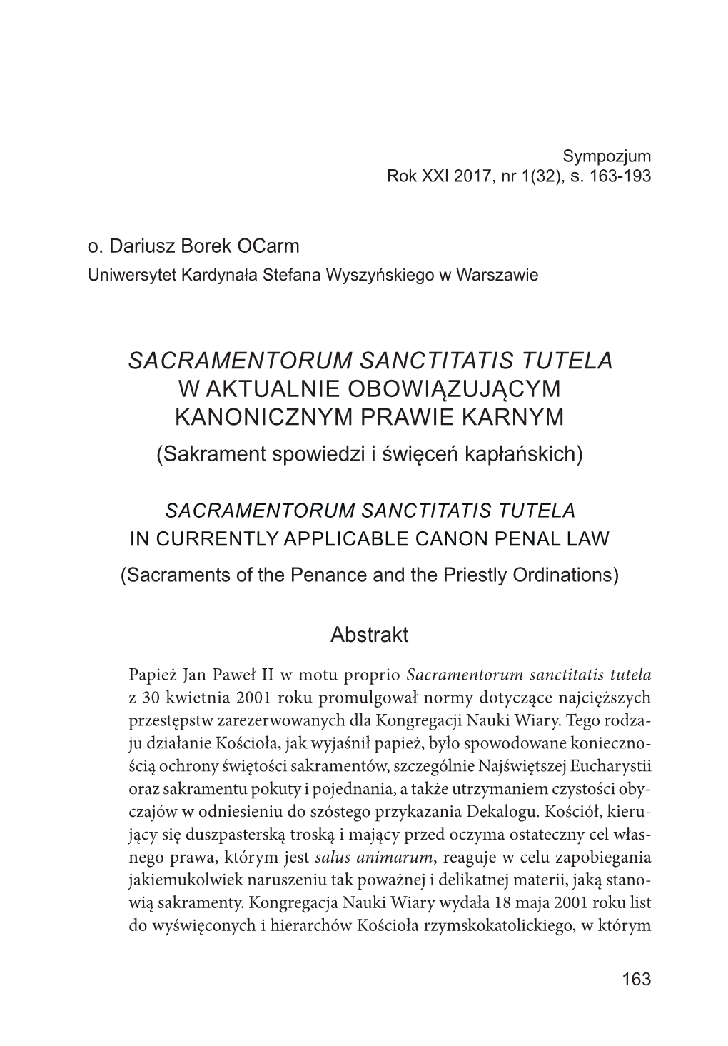 Sacramentorum Sanctitatis Tutela W Aktualnie Obowiązującym Kanonicznym Prawie Karnym (Sakrament Spowiedzi I Święceń Kapłańskich)