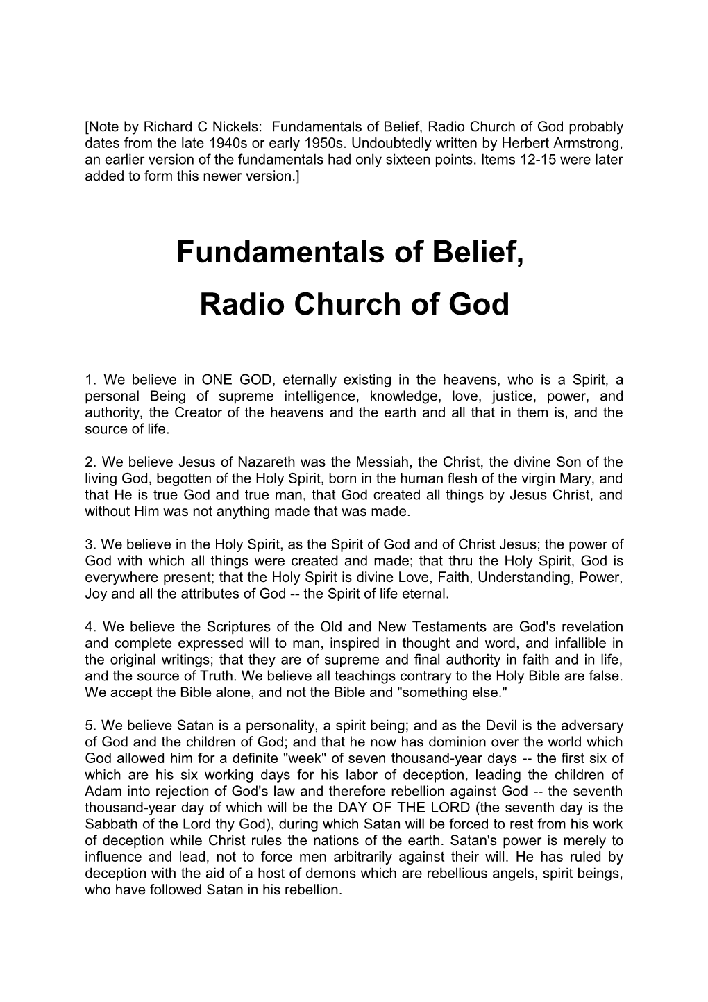 Note by Richard C Nickels: Fundamentals of Belief, Radio Church of God Probably Dates