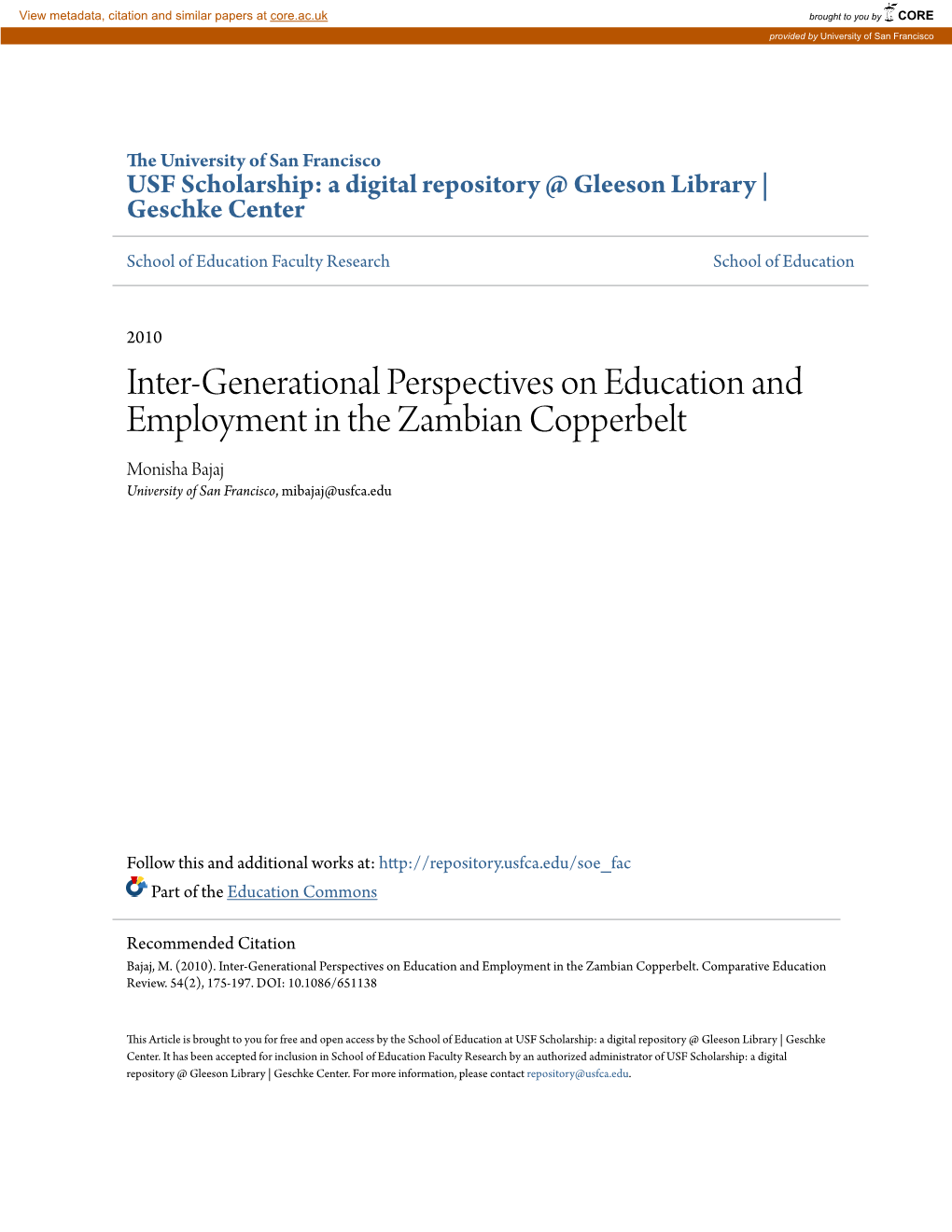 Inter-Generational Perspectives on Education and Employment in the Zambian Copperbelt Monisha Bajaj University of San Francisco, Mibajaj@Usfca.Edu
