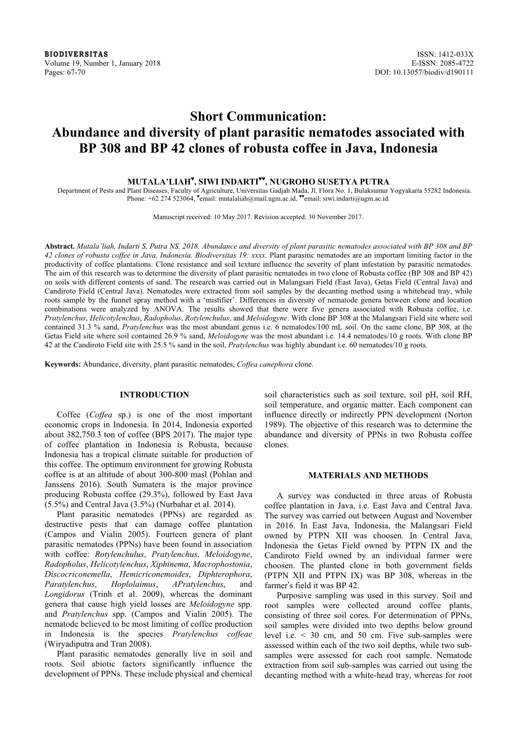 Abundance and Diversity of Plant Parasitic Nematodes Associated with BP 308 and BP 42 Clones of Robusta Coffee in Java, Indonesia