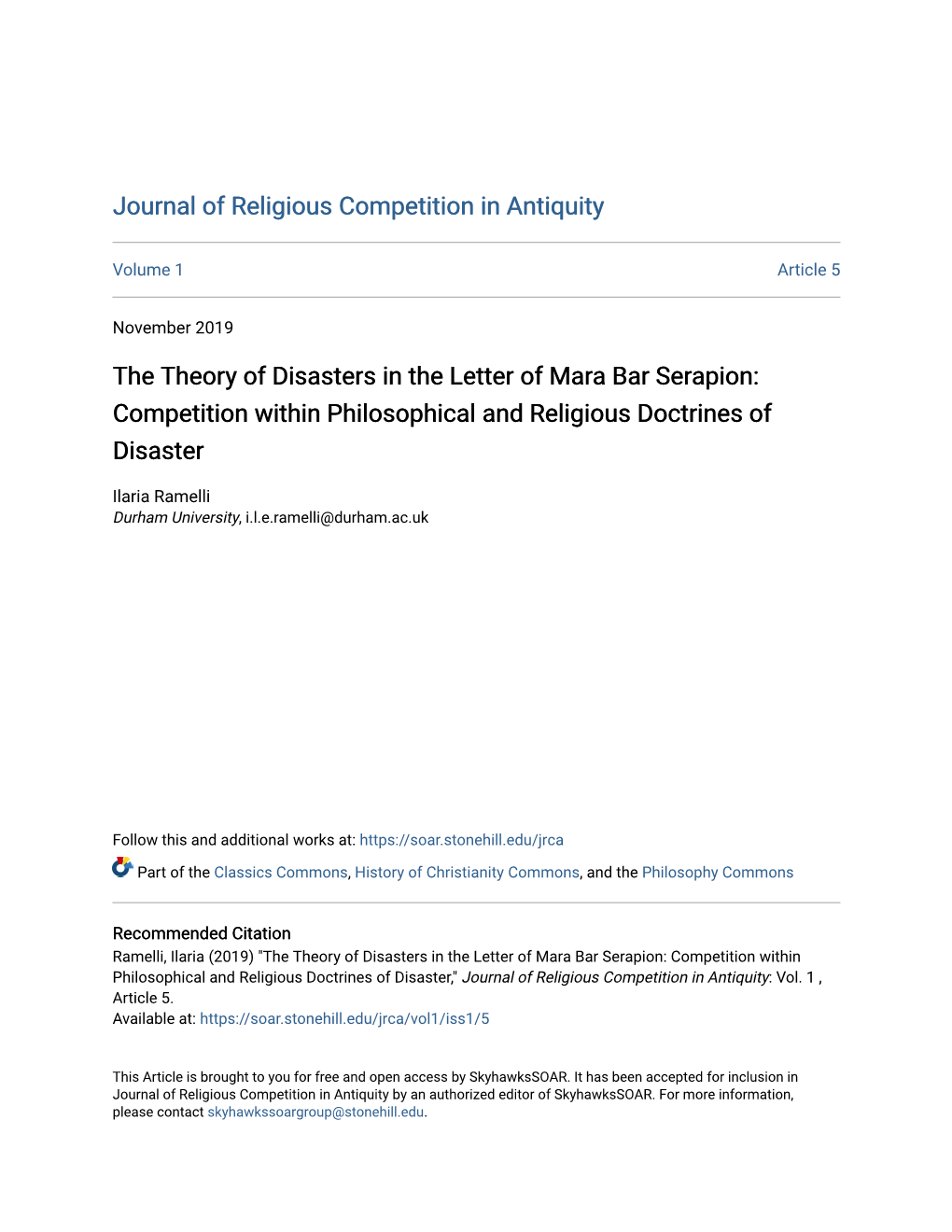 The Theory of Disasters in the Letter of Mara Bar Serapion: Competition Within Philosophical and Religious Doctrines of Disaster