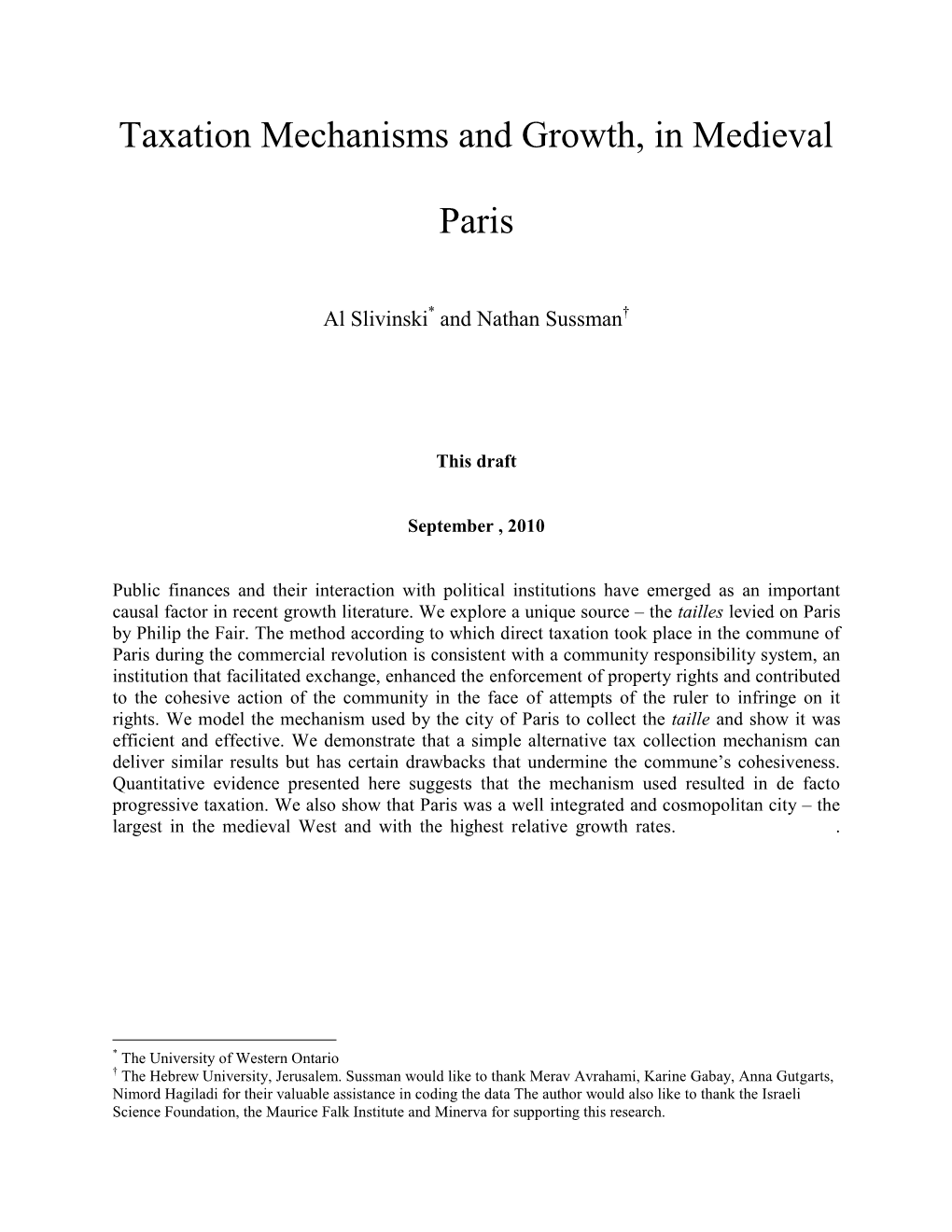 Taxation Mechanisms and Growth, in Medieval Paris