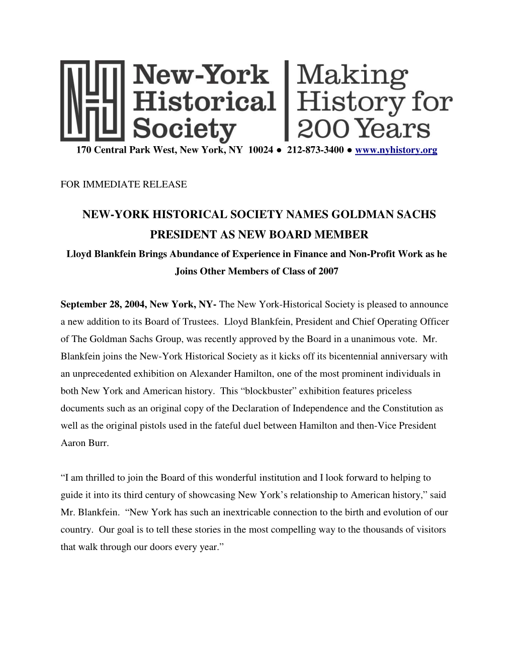 New-York Historical Society Names Goldman Sachs