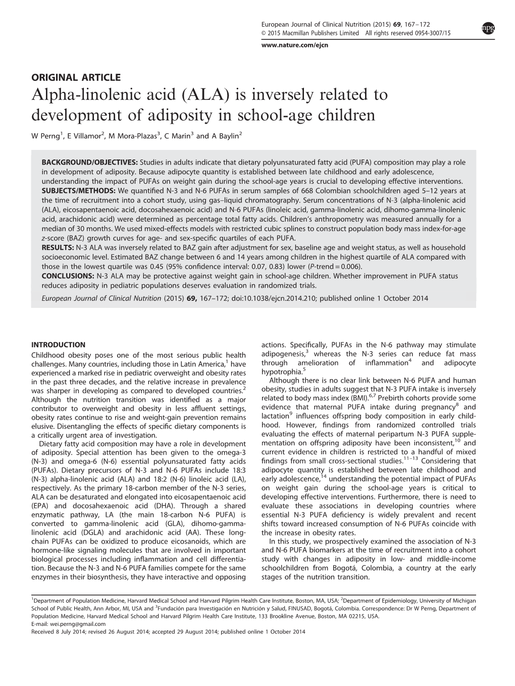 Alpha-Linolenic Acid (ALA) Is Inversely Related to Development of Adiposity in School-Age Children
