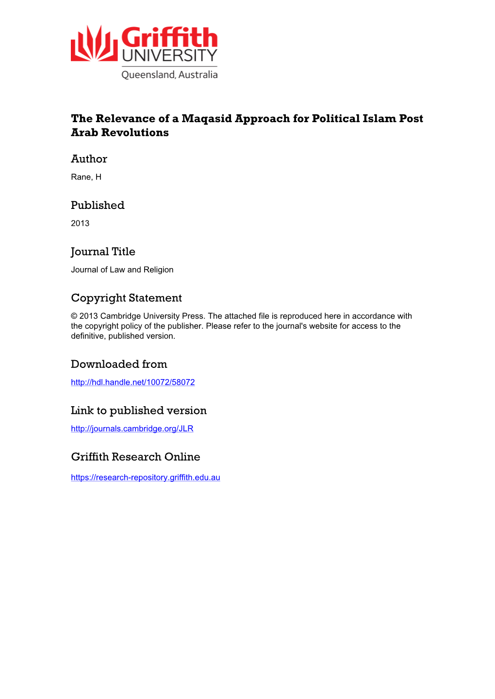 The Relevance of a Maqasid Approach for Political Islam Post Arab Revolutions