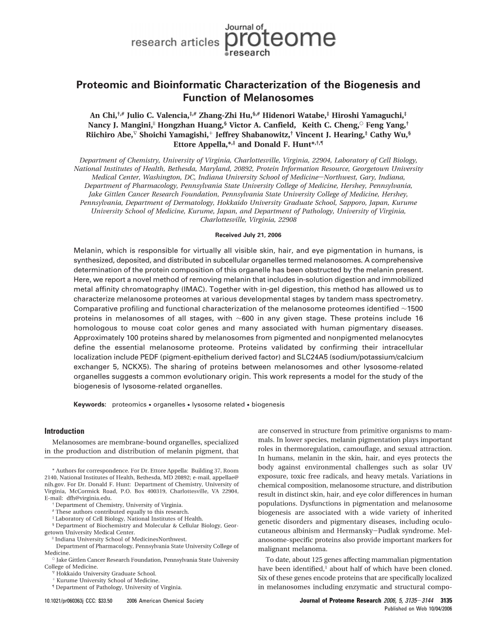 Proteomic and Bioinformatic Characterization of the Biogenesis and Function of Melanosomes