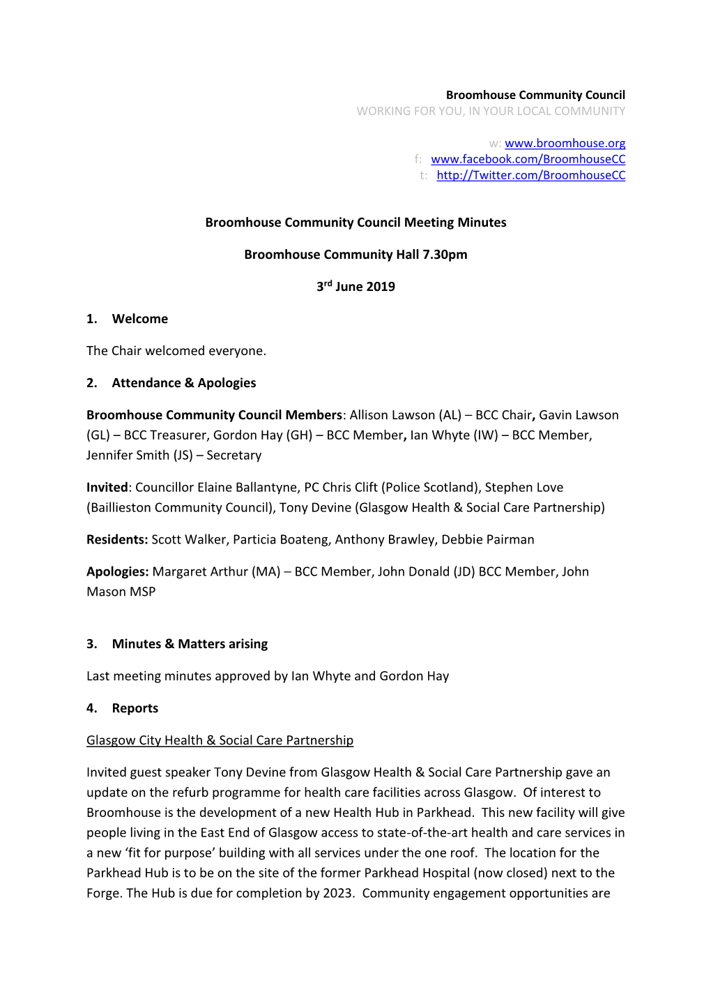 Broomhouse Community Council Meeting Minutes Broomhouse