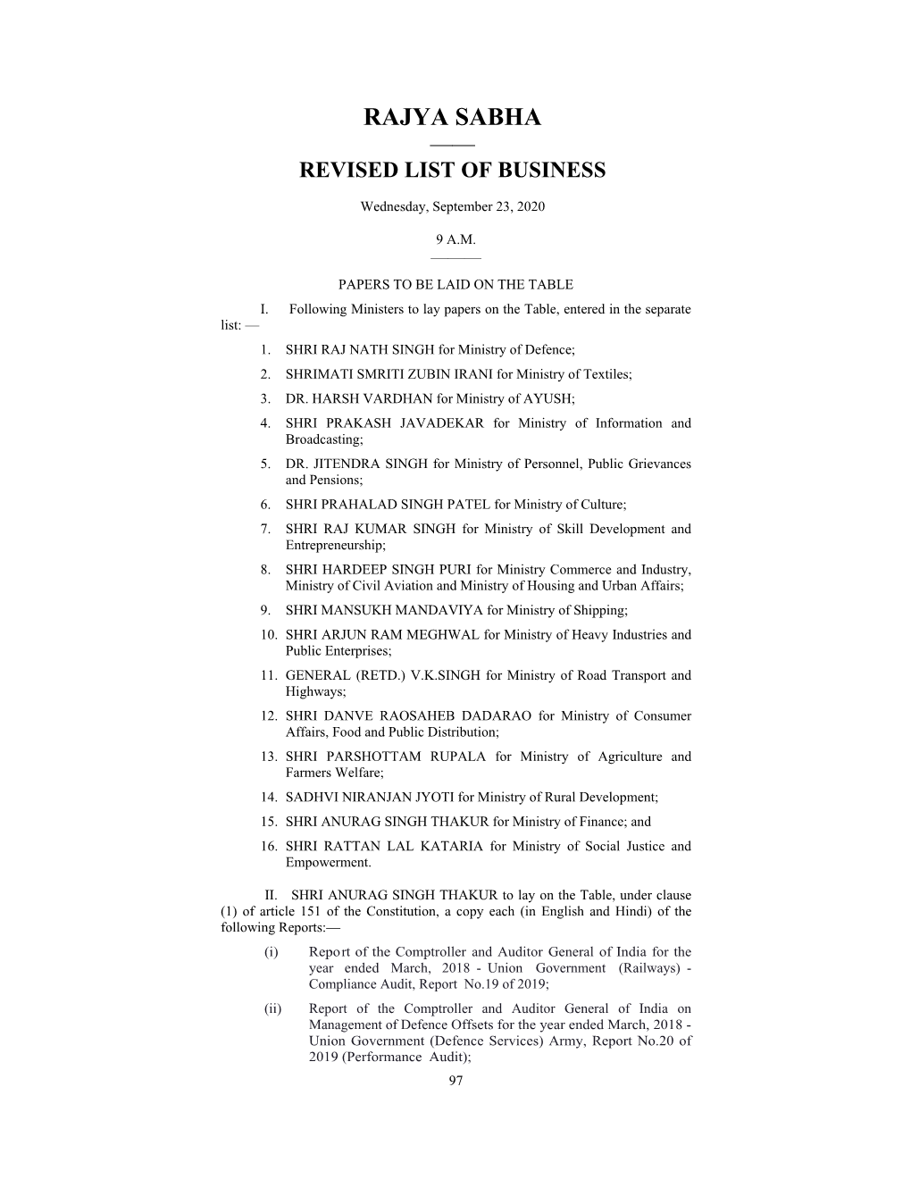 Rajya Sabha —— Revised List of Business