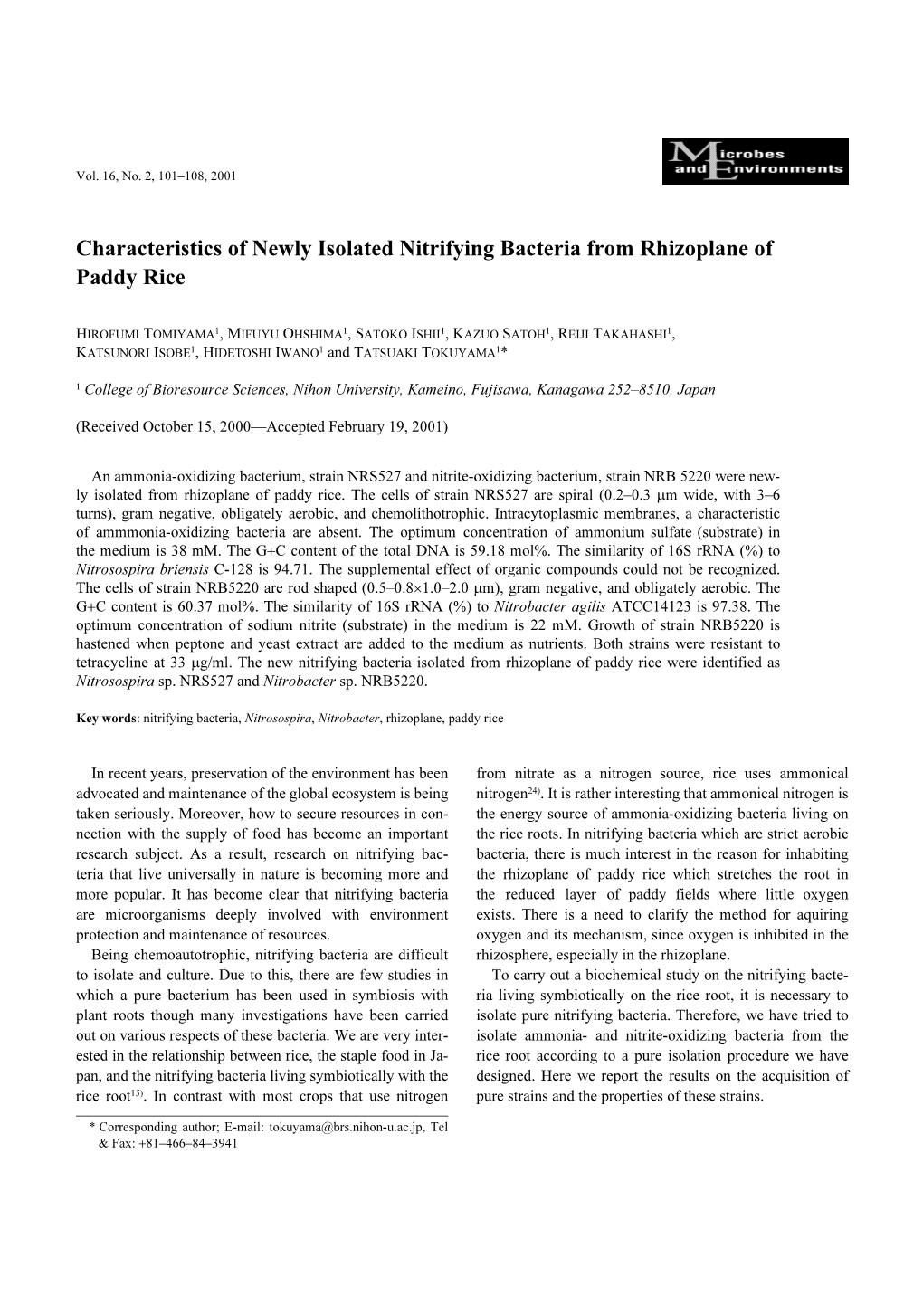 Characteristics of Newly Isolated Nitrifying Bacteria from Rhizoplane of Paddy Rice