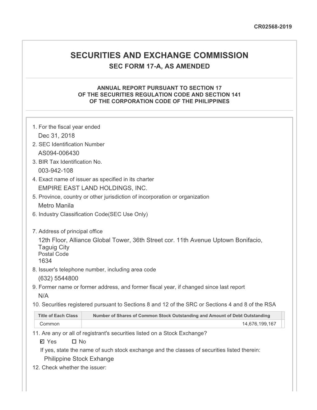 Securities and Exchange Commission Sec Form 17-A, As Amended