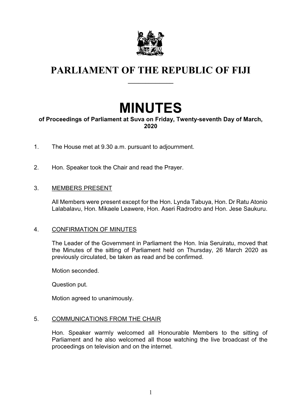 MINUTES of Proceedings of Parliament at Suva on Friday, Twenty-Seventh Day of March, 2020