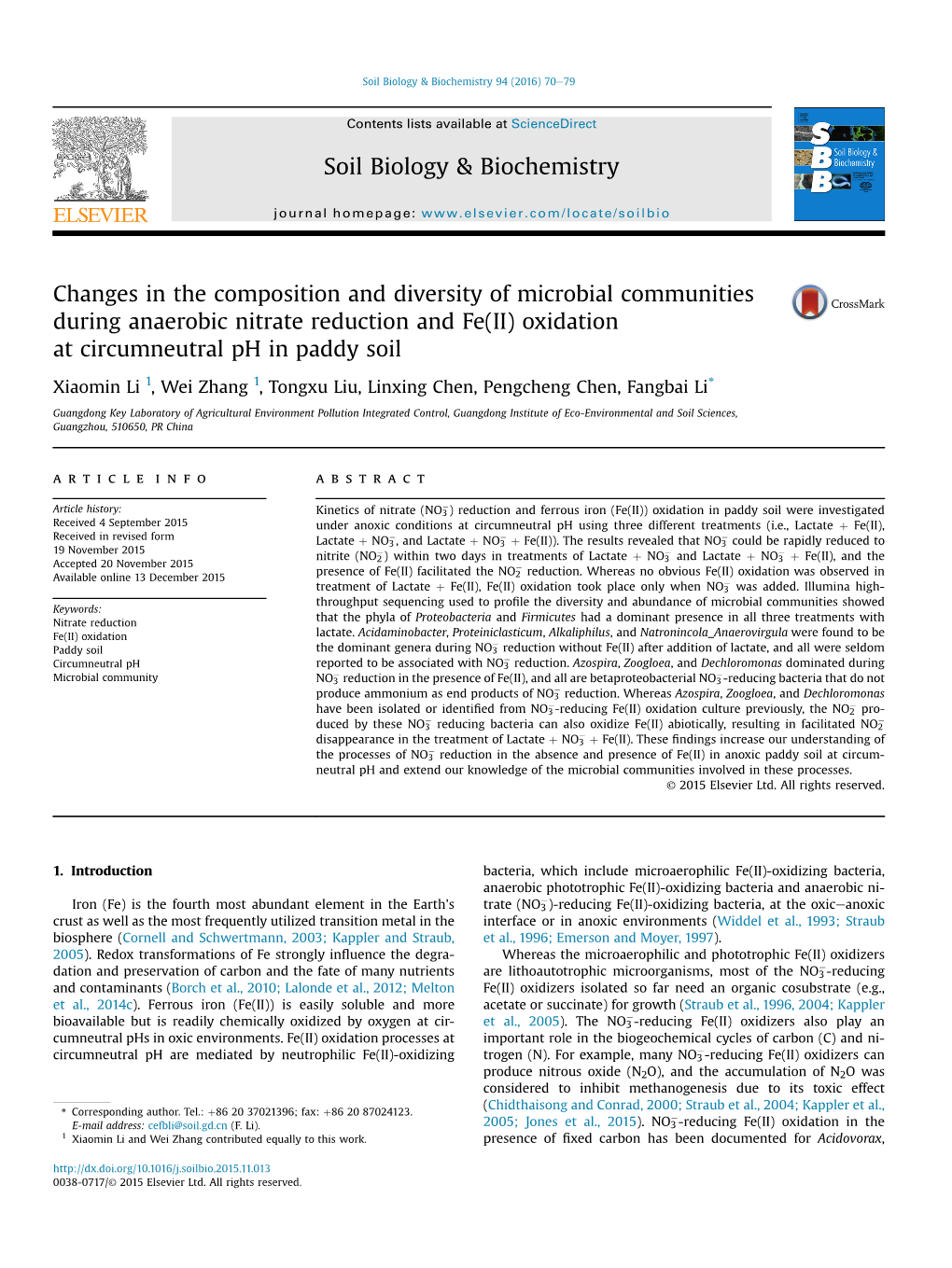 Changes in the Composition and Diversity of Microbial Communities During Anaerobic Nitrate Reduction and Fe(II) Oxidation at Circumneutral Ph in Paddy Soil