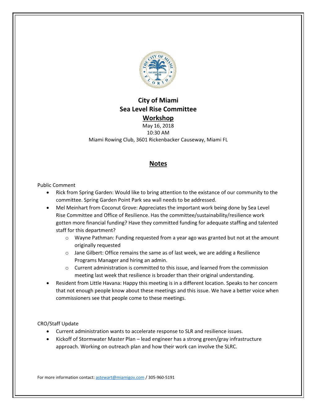 City of Miami Sea Level Rise Committee Workshop Notes