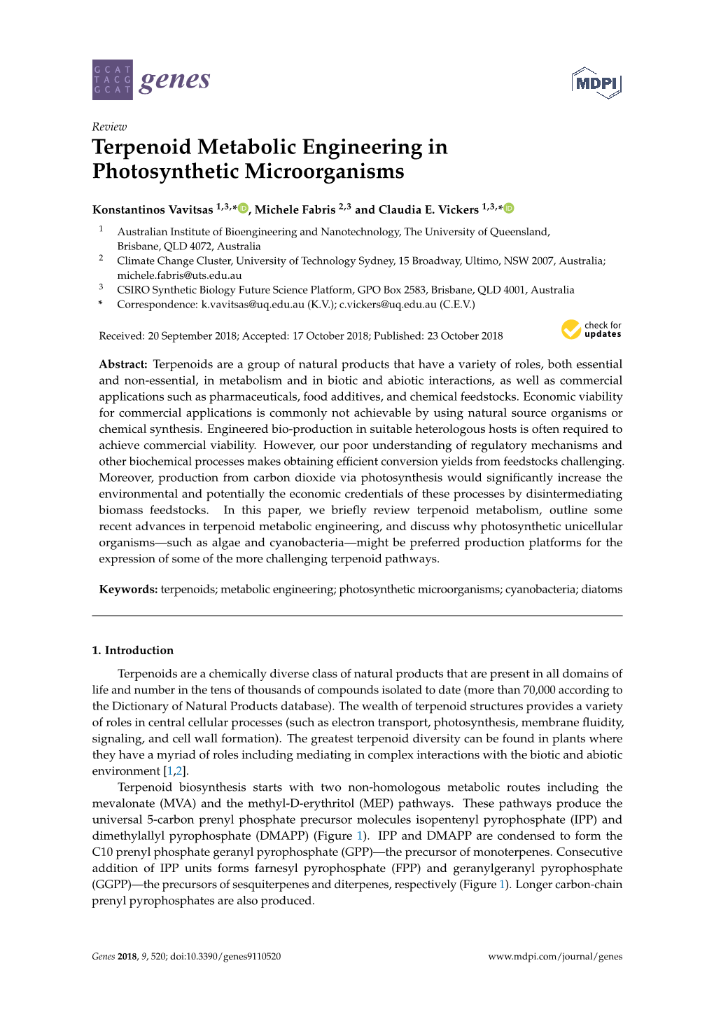 Terpenoid Metabolic Engineering in Photosynthetic Microorganisms