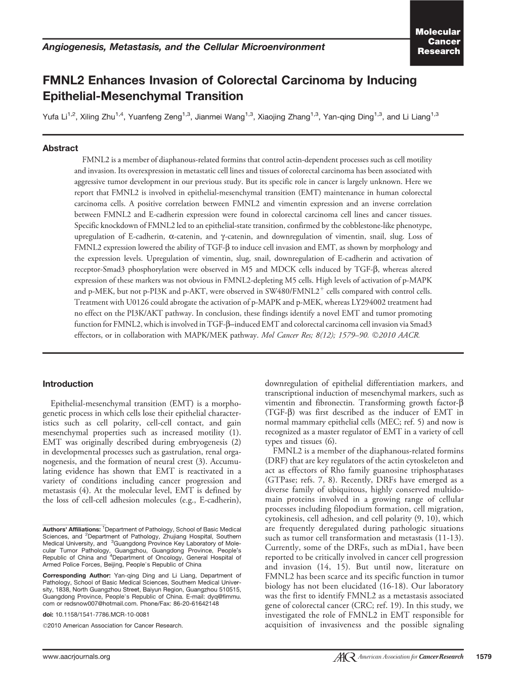 FMNL2 Enhances Invasion of Colorectal Carcinoma by Inducing Epithelial-Mesenchymal Transition