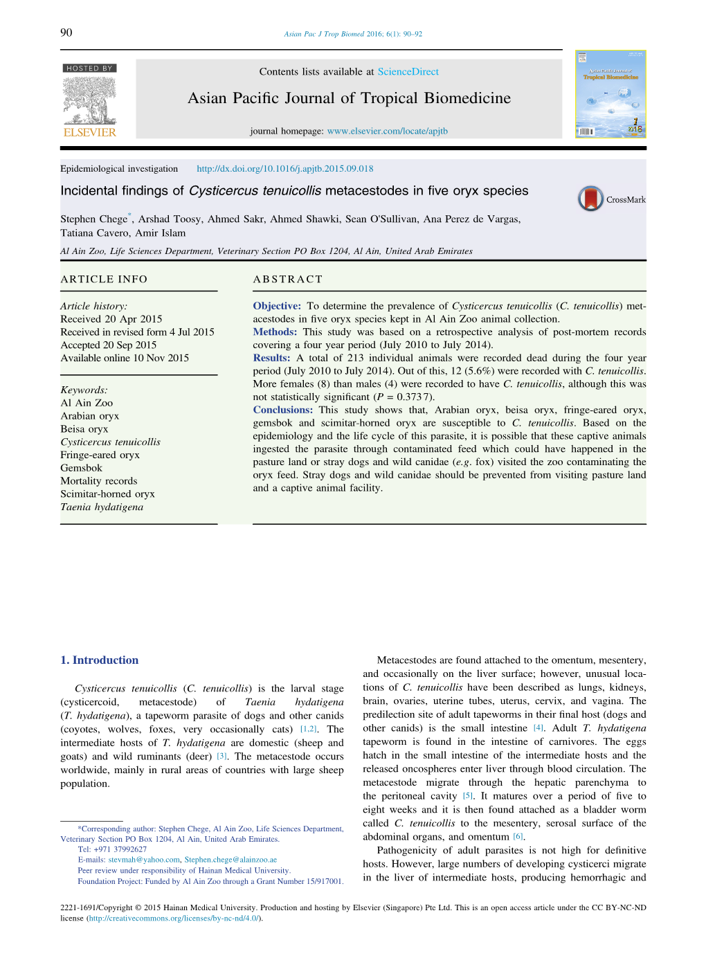 Incidental Findings of Cysticercus Tenuicollis Metacestodes in Five Oryx Species