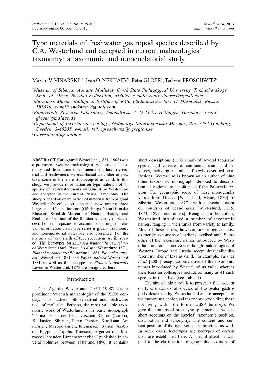 Type Materials of Freshwater Gastropod Species Described by C.A