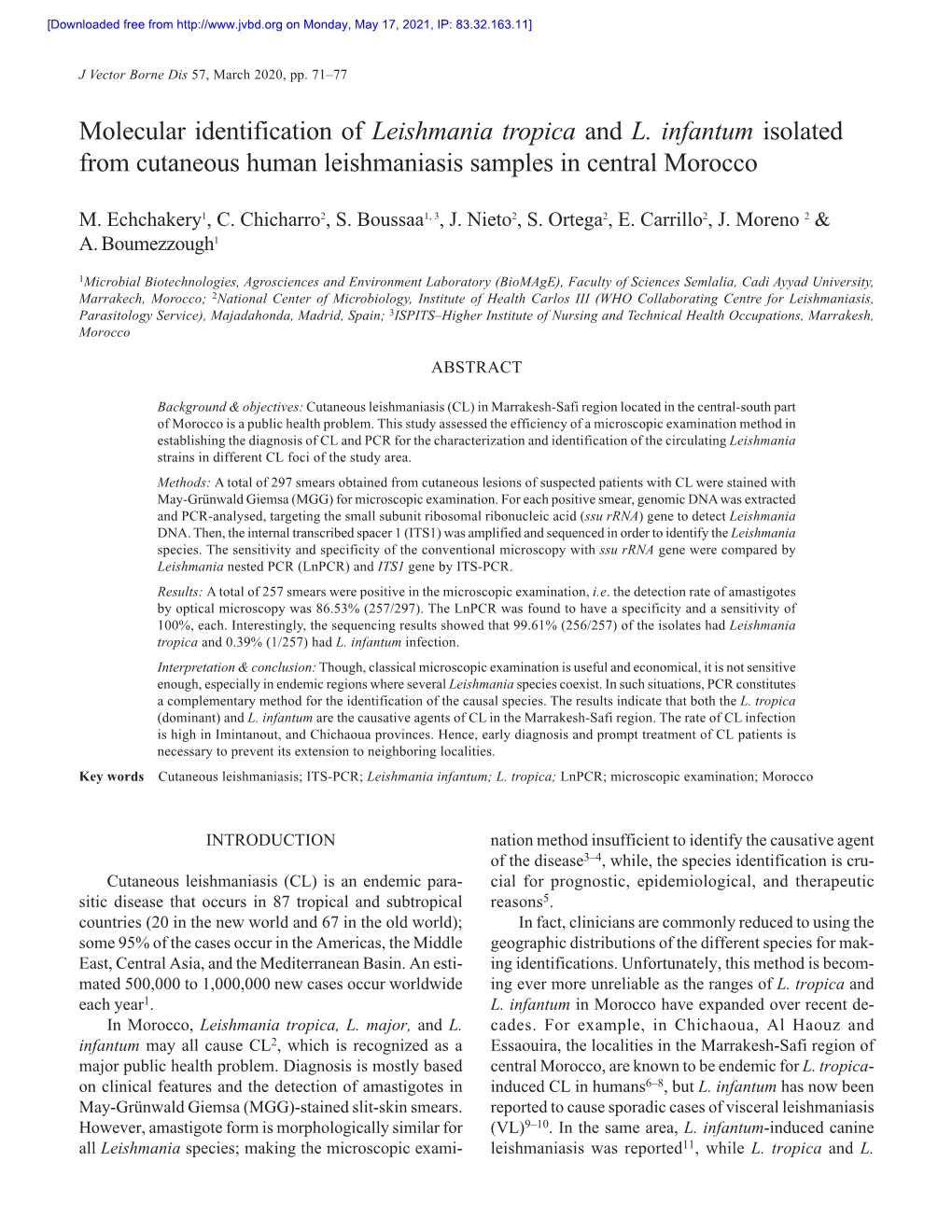 Molecular Identification of Leishmania Tropica and L. Infantum Isolated from Cutaneous Human Leishmaniasis Samples in Central Morocco