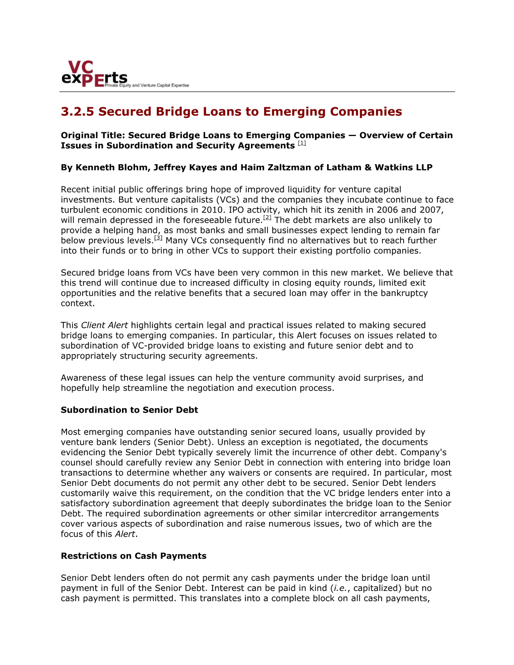 Secured Bridge Loans to Emerging Companies