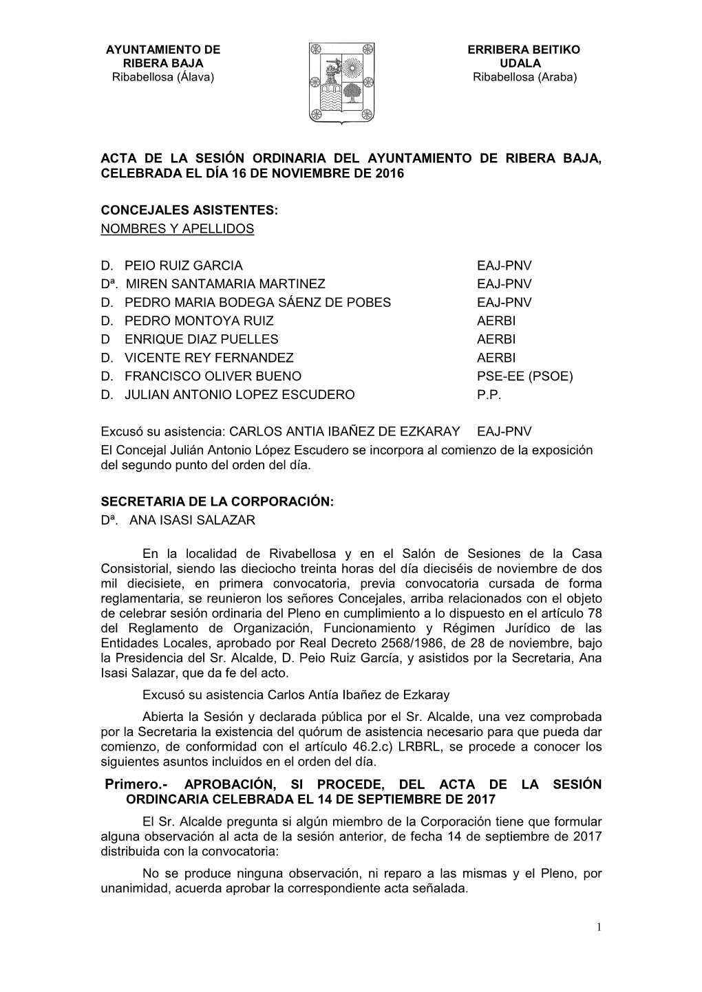 Acta De La Sesión Ordinaria Del Ayuntamiento De Ribera Baja, Celebrada El Día 16 De Noviembre De 2016