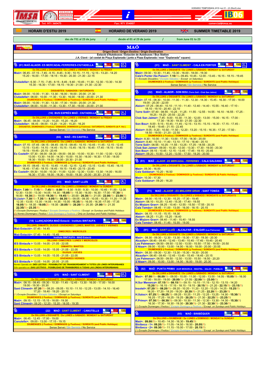 Horari D'estiu 2019 Horario De Verano 2019 Summer Timetable 2019