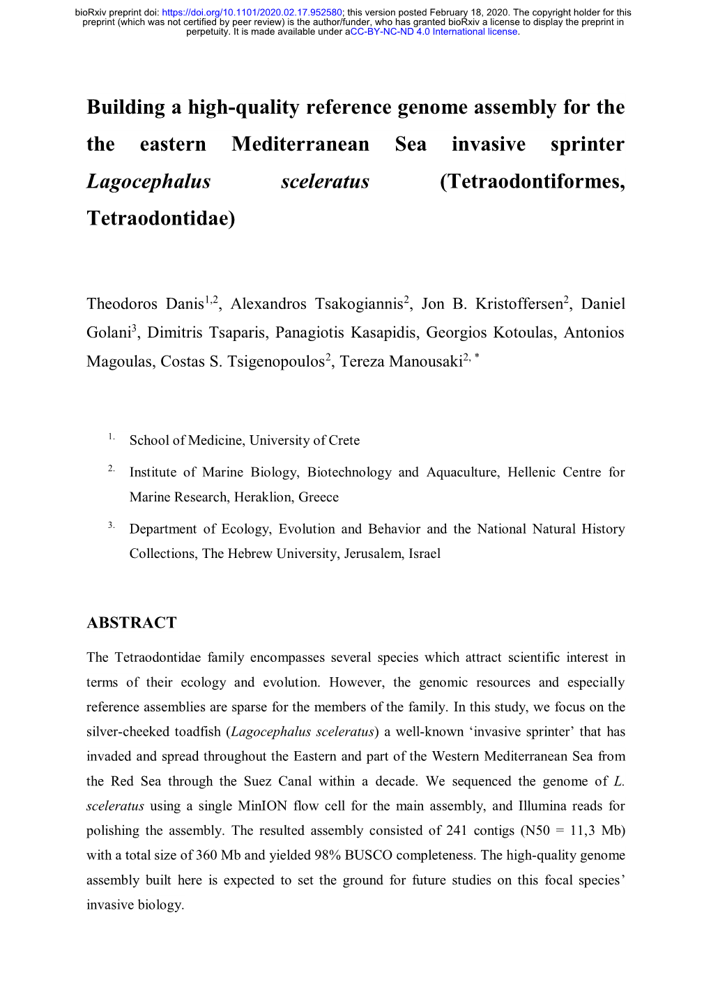 Building a High-Quality Reference Genome Assembly for the the Eastern Mediterranean Sea Invasive Sprinter Lagocephalus Sceleratus (Tetraodontiformes, Tetraodontidae)