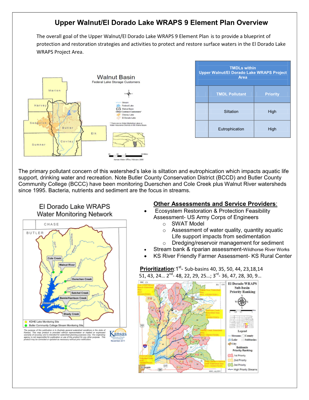 Upper Walnut/El Dorado Lake WRAPS 9 Element Plan Overview