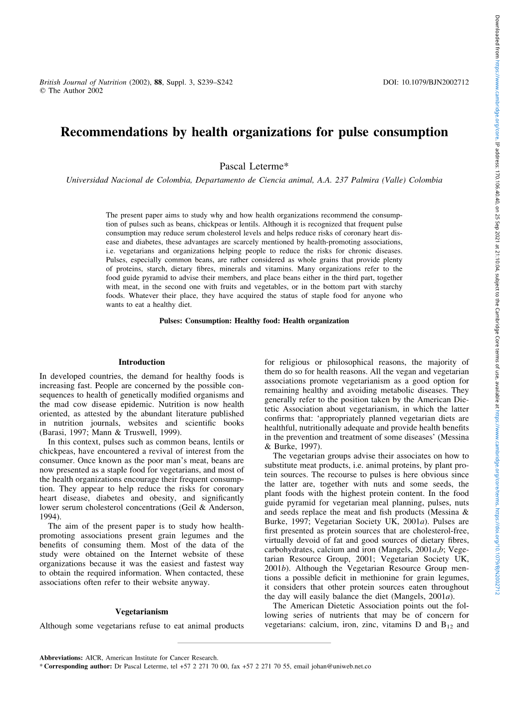 Recommendations by Health Organizations for Pulse Consumption