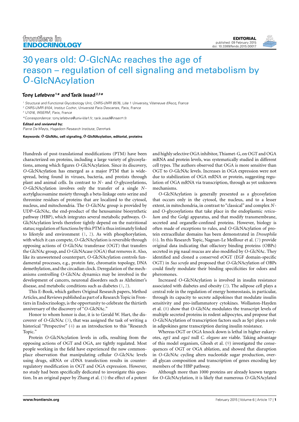 30 Years Old: O-Glcnac Reaches the Age of Reason – Regulation of Cell Signaling and Metabolism by O-Glcnacylation