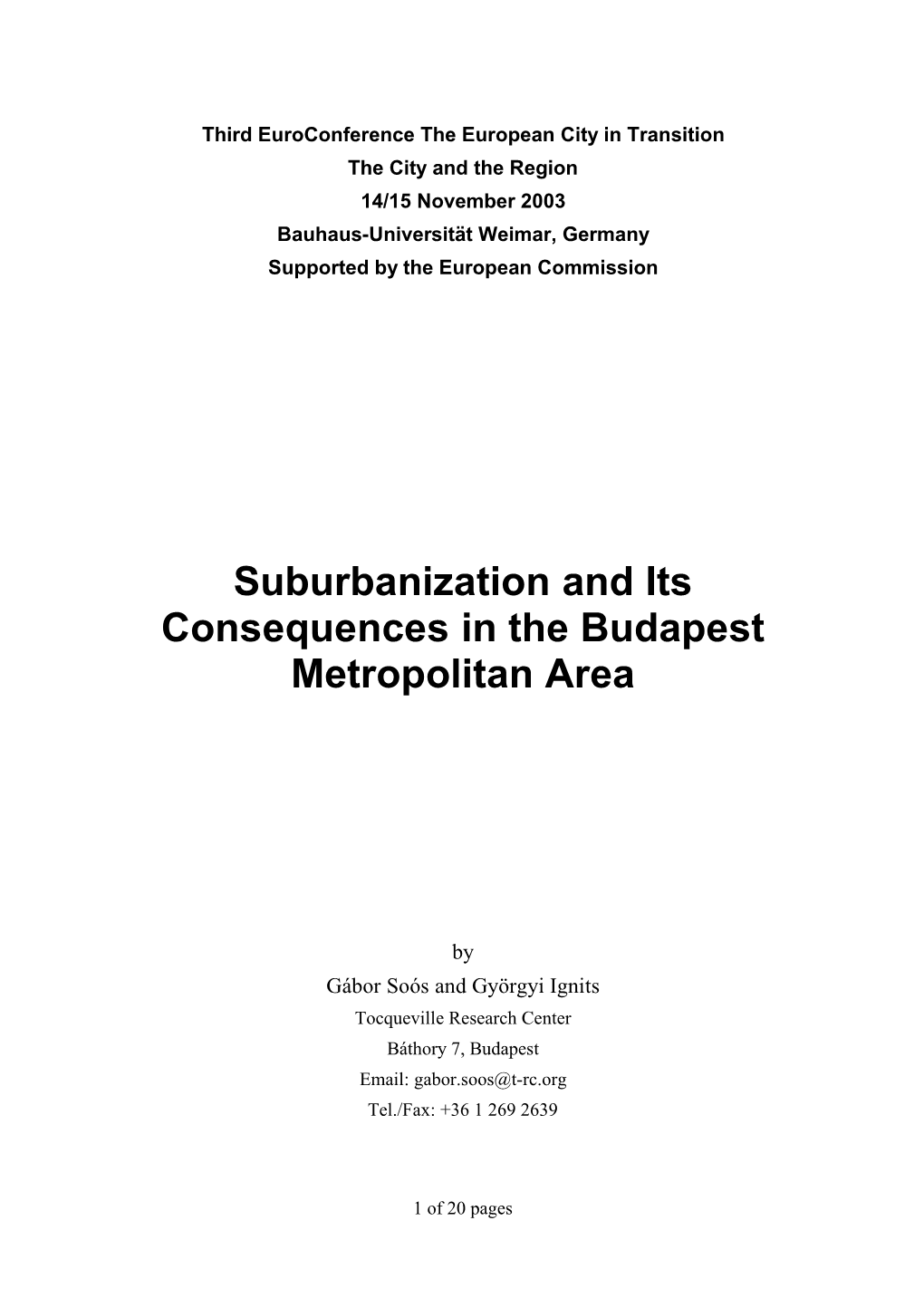 Suburbanization and Its Consequences in the Budapest Metropolitan Area