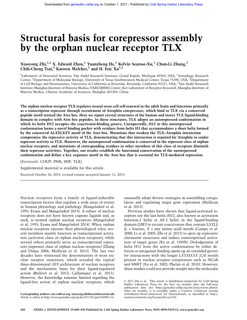 Structural Basis for Corepressor Assembly by the Orphan Nuclear Receptor TLX