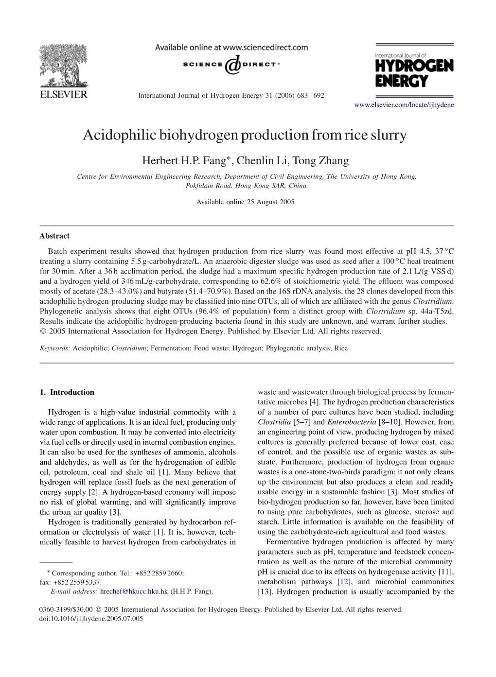 Acidophilic Biohydrogen Production from Rice Slurry