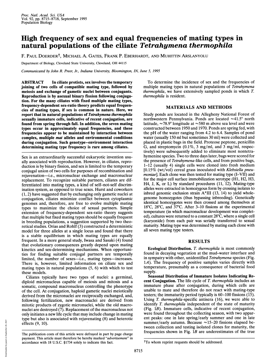 High Frequency of Sex and Equal Frequencies of Mating Types in Natural Populations of the Ciliate Tetrahymena Thermophila F