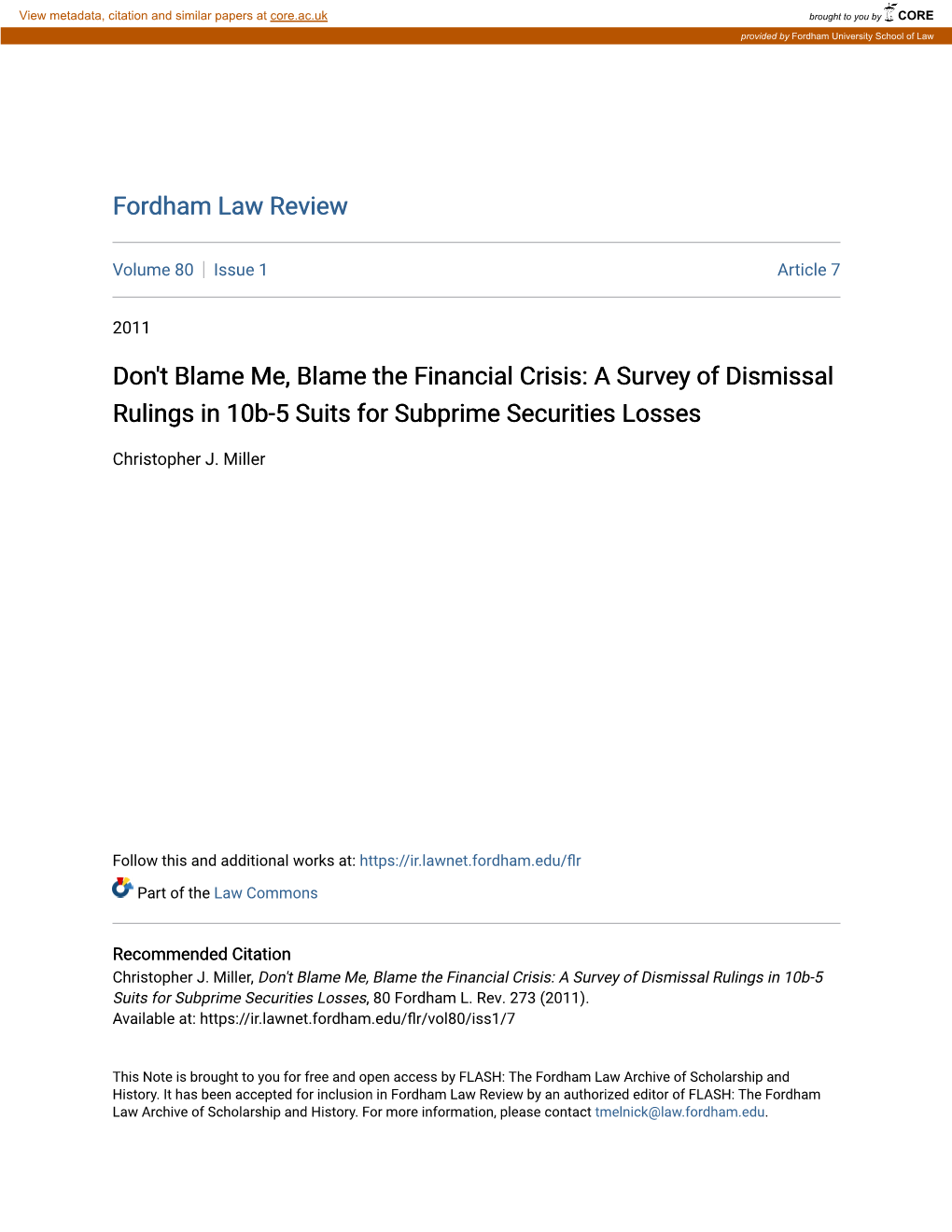 A Survey of Dismissal Rulings in 10B-5 Suits for Subprime Securities Losses