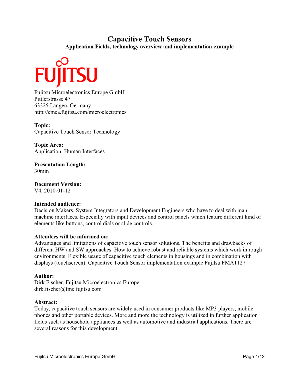 “Capacitive Touch Sensors,” Fujitsu Microelectronics Europe Gmbh, Jan 2021