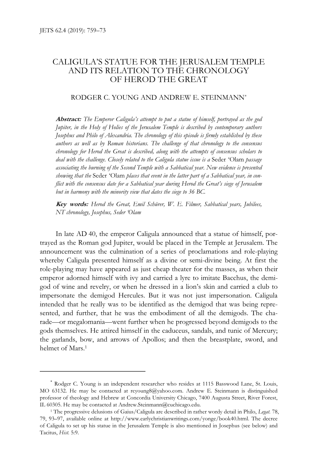 Caligula's Statue for the Jerusalem Temple and Its Relation to the Chronology of Herod the Great